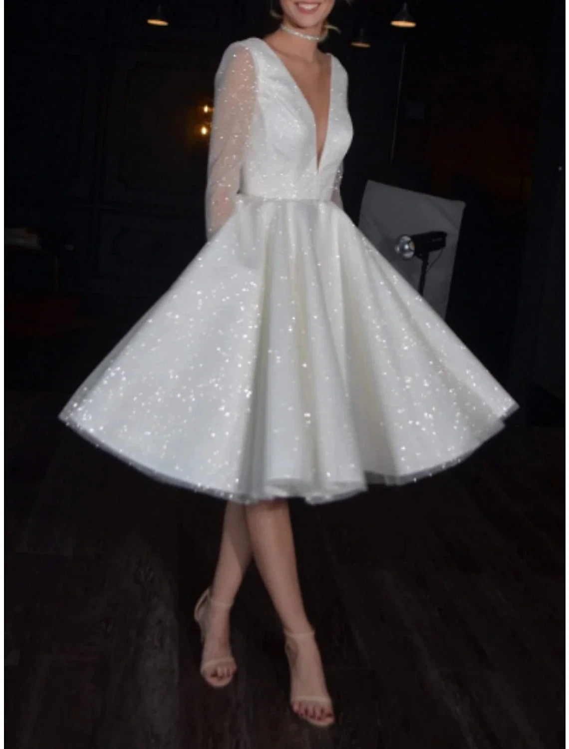 White A-Line V-Neck Sequin Long Sleeve Pleated Knee-Length Wedding Gown - Chloe Dress