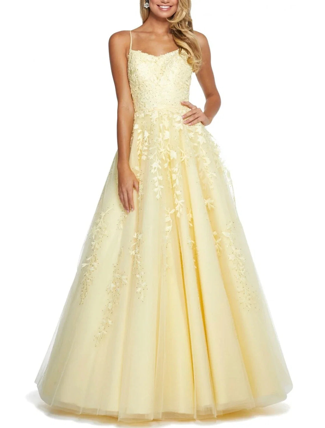 A-Line Spaghetti Strap Lace Sleeveless Backless Applique Floor-Length Prom Dress - Chloe Dress