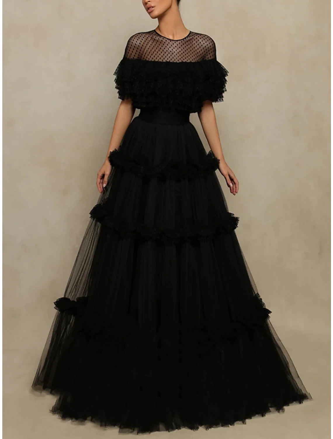 A-Line Tulle Short Sleeve Ruffled Floor-Length Prom Dress - Chloe Dress