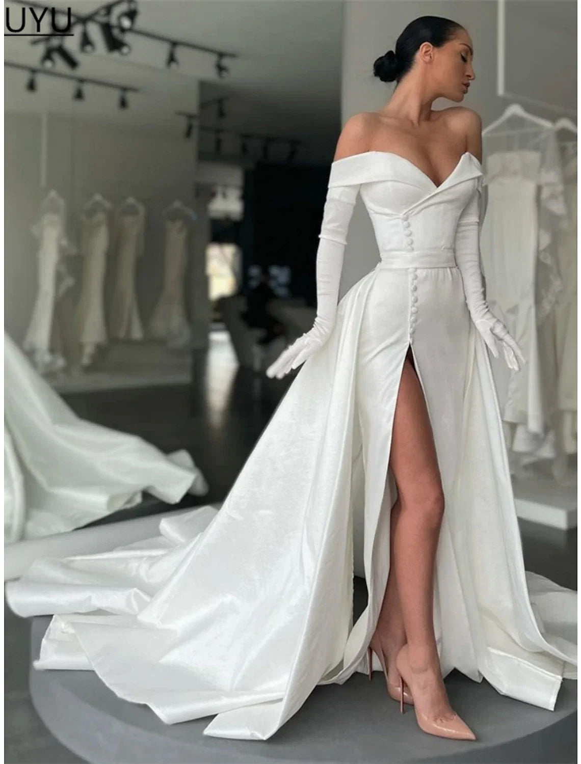 A-Line Off-Shoulder Satin Long Sleeve Button Back High Slit Evening Gown - Chloe Dress