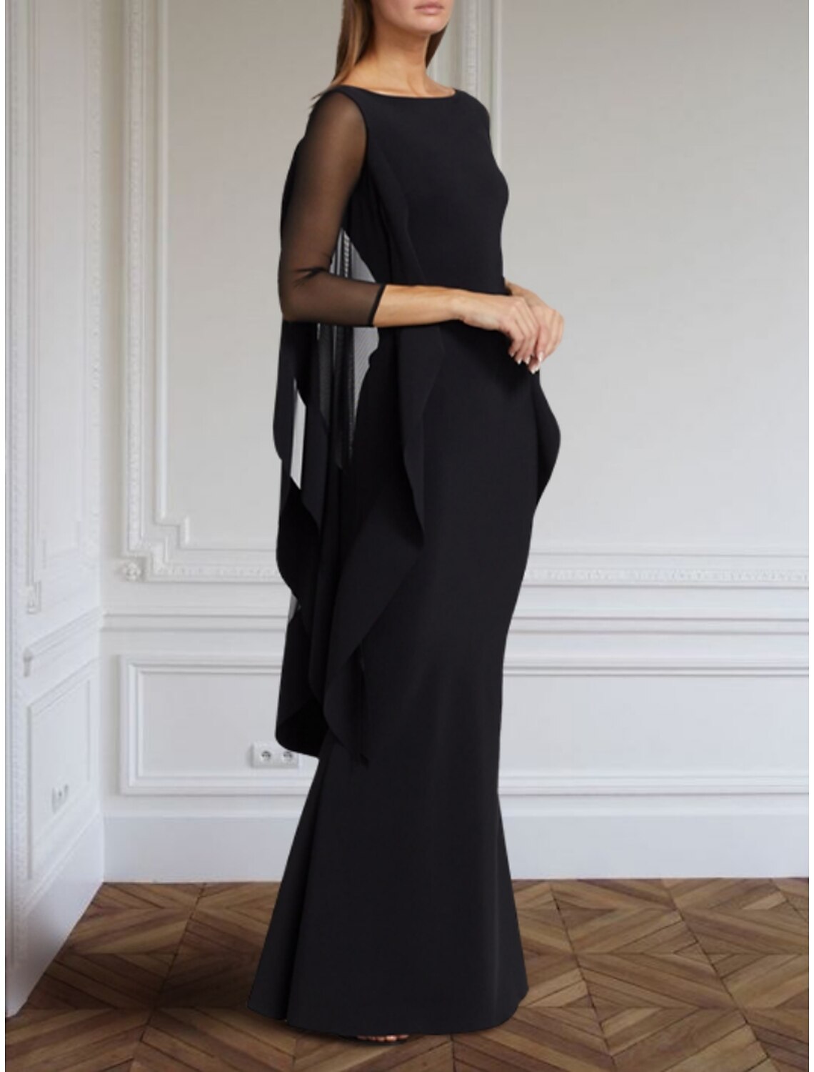 Black Sheath Chiffon Long Sleeve Ruffled Floor-Length Evening Gown - Chloe Dress