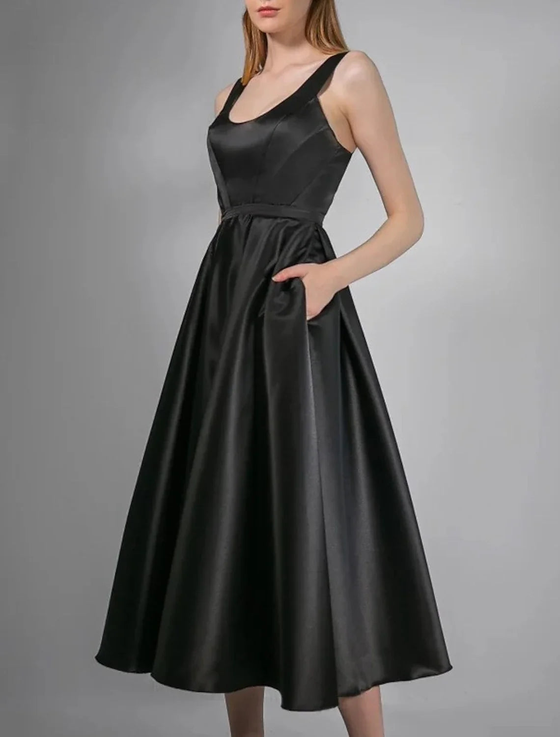 White A-Line Satin Sleeveless Pleated Tea-Length Wedding Gown - Chloe Dress