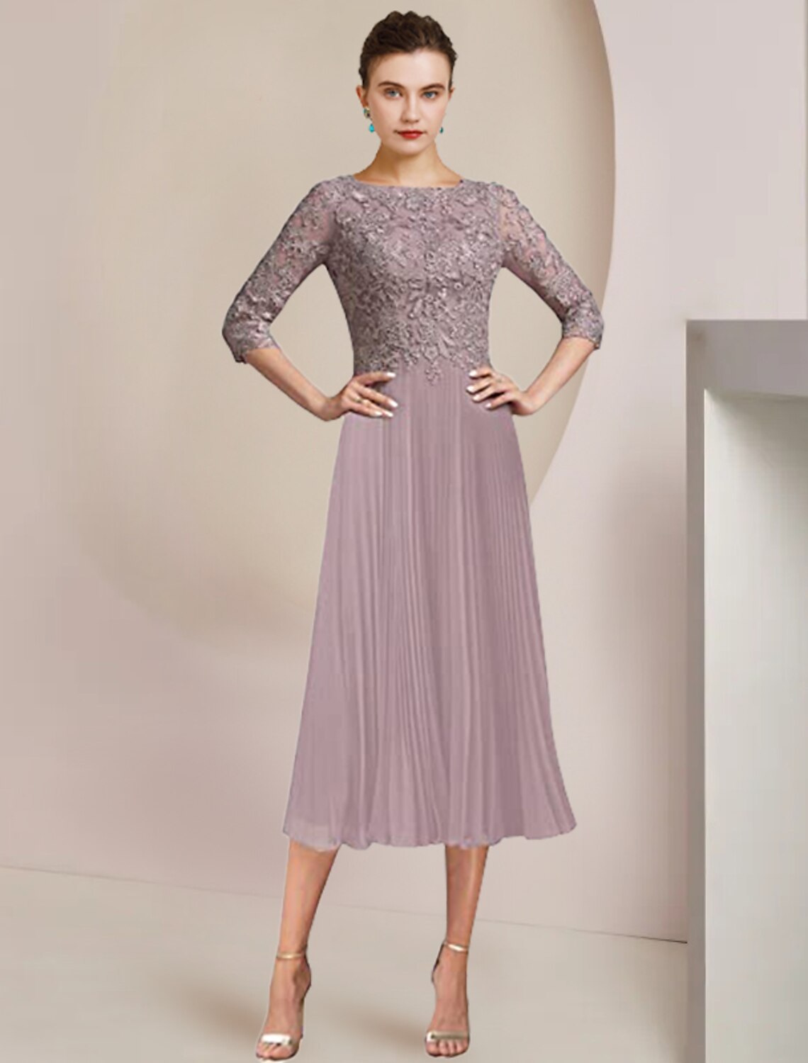 A-Line Lace Three-Quarter Sleeve Pleated Tea-Length Wedding Dress - Chloe Dress