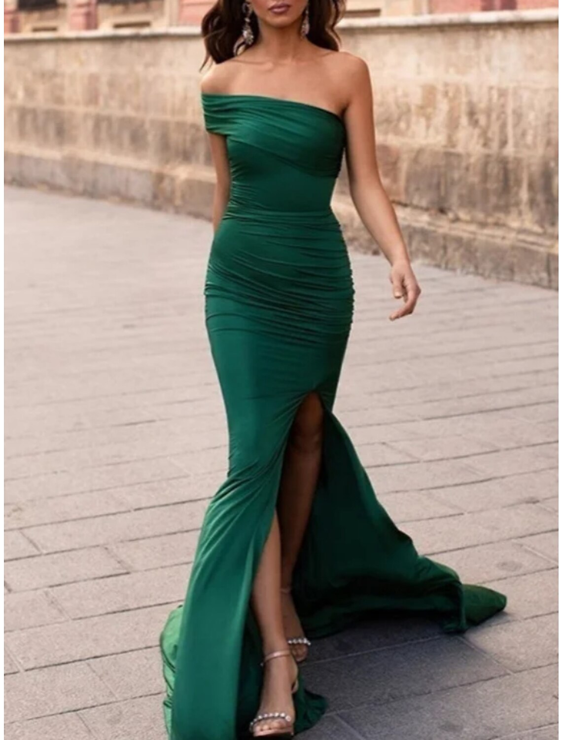 Green Mermaid One-Shoulder Short Sleeve High Slit Mini Evening Gown - Chloe Dress