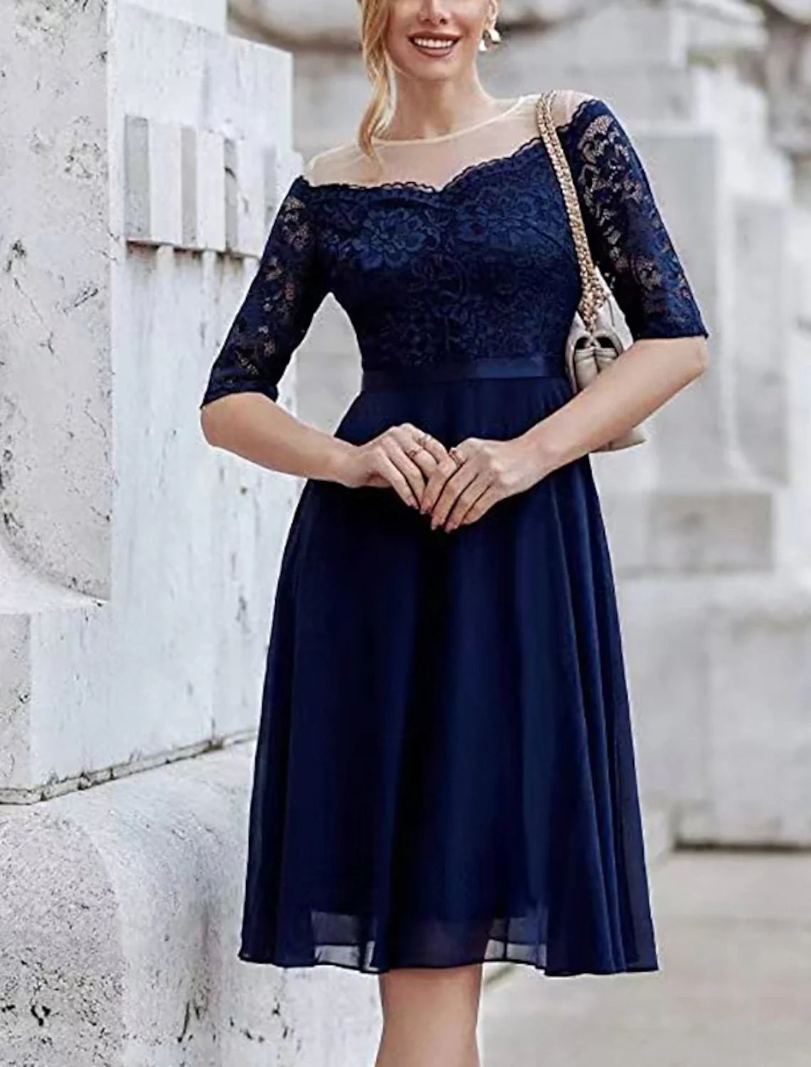 A-Line Lace Pleated Knee-Length Wedding Dress - Chloe Dress