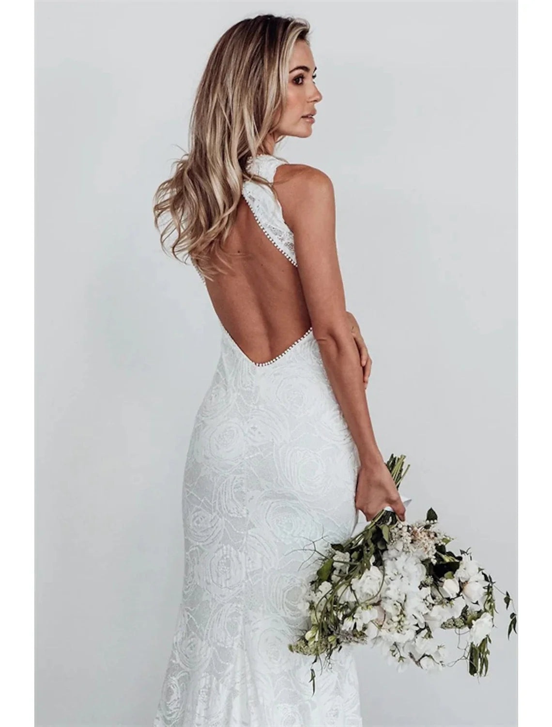 Mermaid Halter Lace Sleeveless Open Back Train Wedding Gown - Chloe Dress