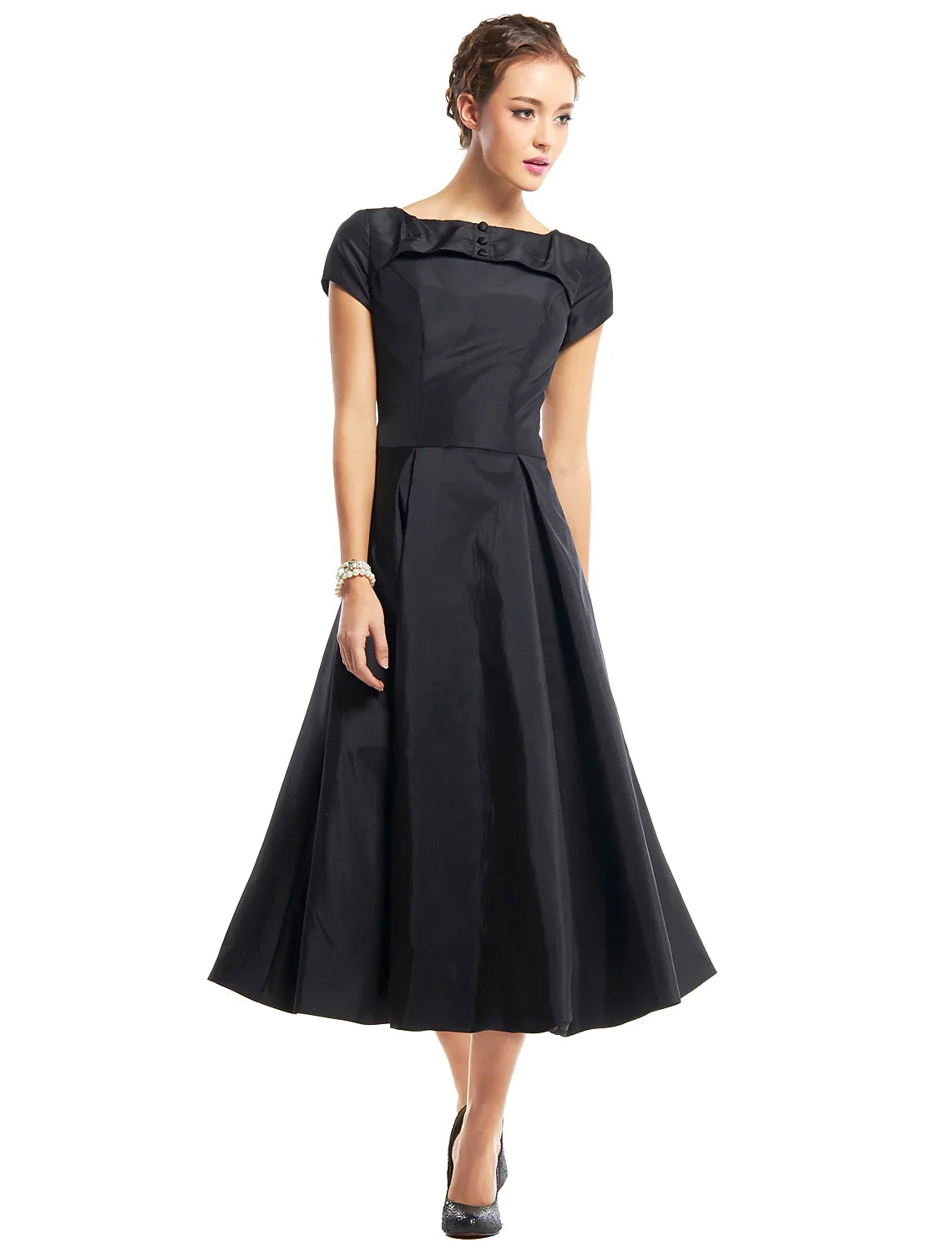 Black A-Line Short Sleeve Button Back Mini Wedding Dress - Chloe Dress
