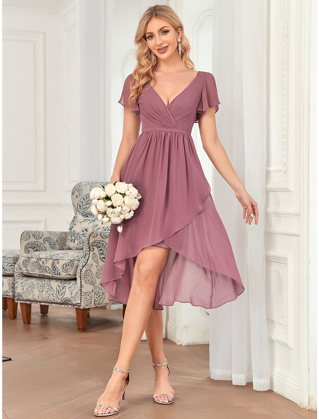 A-Line Plunging Chiffon Sleeveless Ruffled Mini Wedding Dress - Chloe Dress