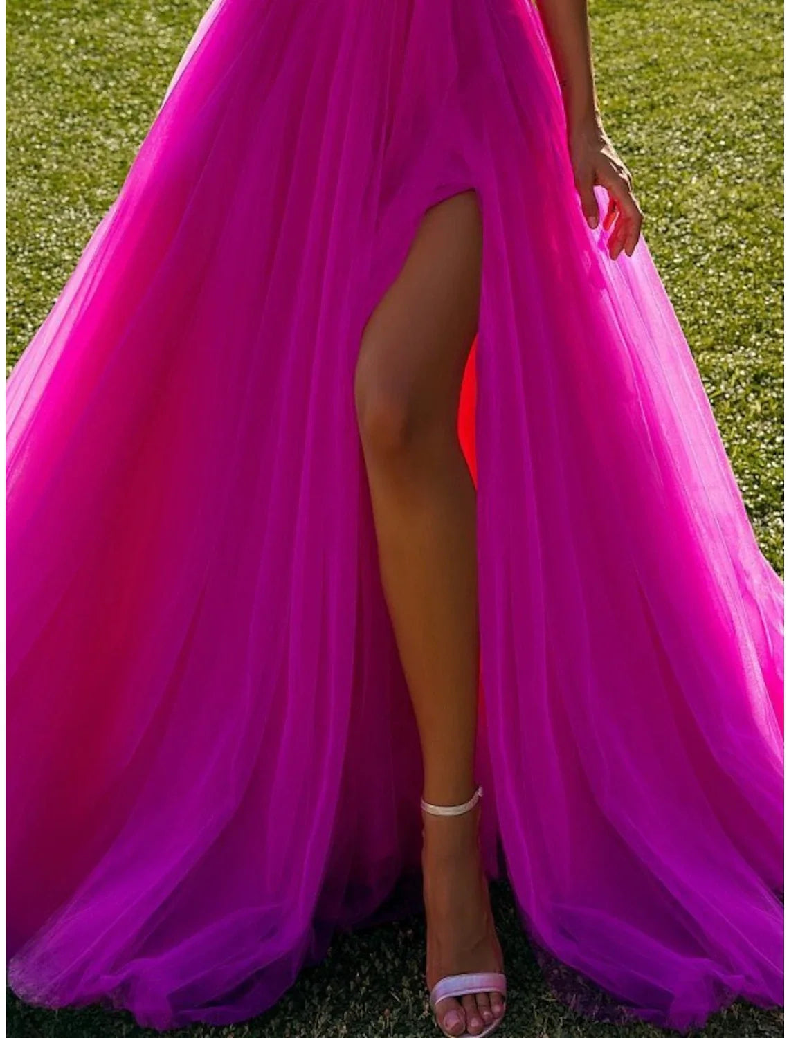 Ball Gown One-Shoulder Tulle Long Sleeve High Slit Prom Gown - Chloe Dress
