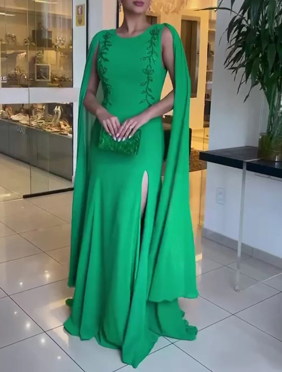 Black A-Line Chiffon Long Sleeve Applique Floor-Length Evening Gown - Chloe Dress