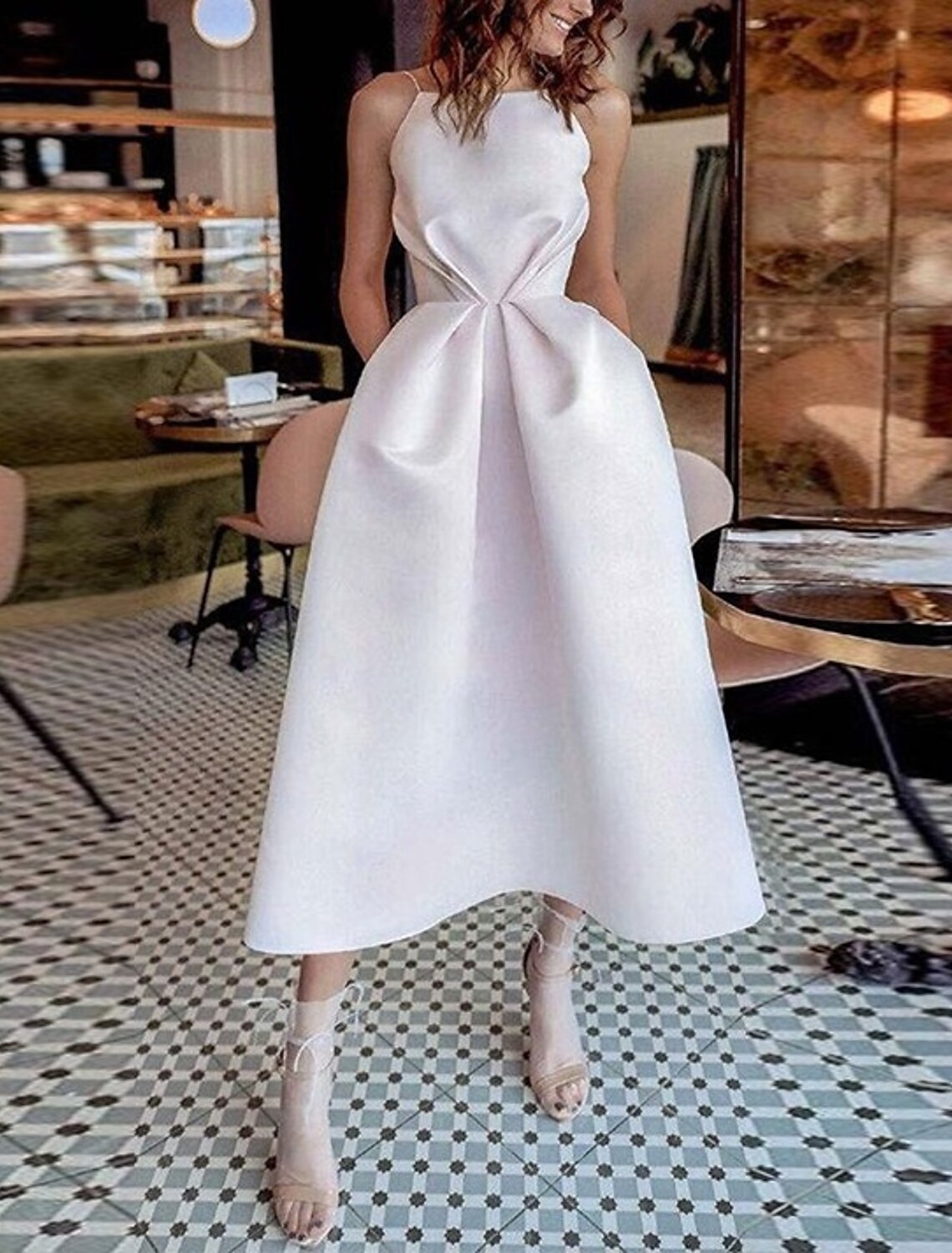 A-Line Spaghetti Strap Satin Short Sleeve Mini Wedding Dress - Chloe Dress