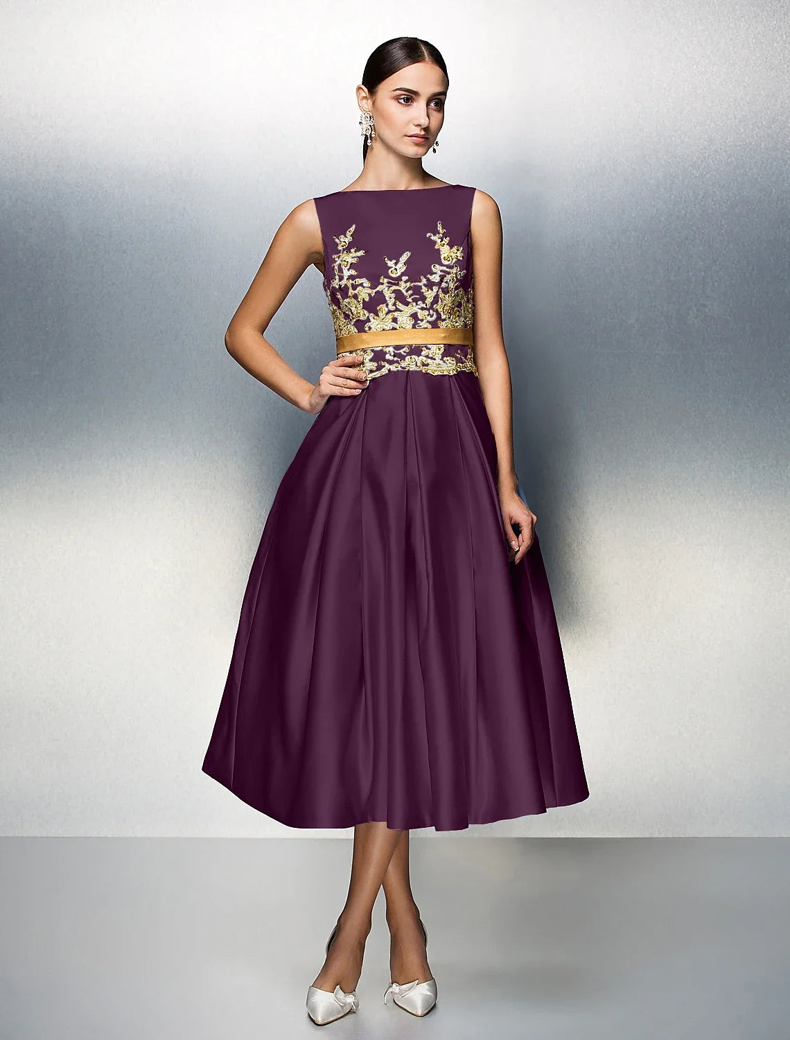 A-Line Satin Sleeveless Pleated Tea-Length Prom Dress - Chloe Dress