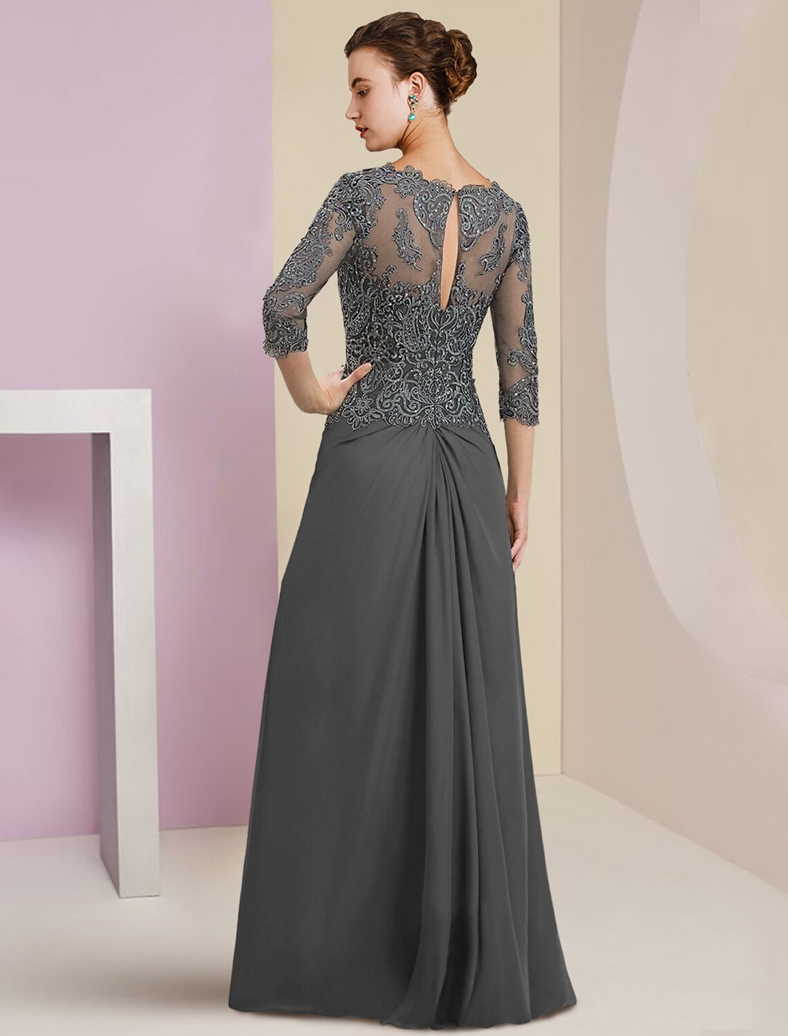 Sheath V-Neck Chiffon Three-Quarter Sleeve Applique Floor-Length Wedding Dress - Chloe Dress