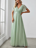 A-Line V-Neck Chiffon Short Sleeve Ruffled Floor-Length Wedding Dress - Chloe Dress