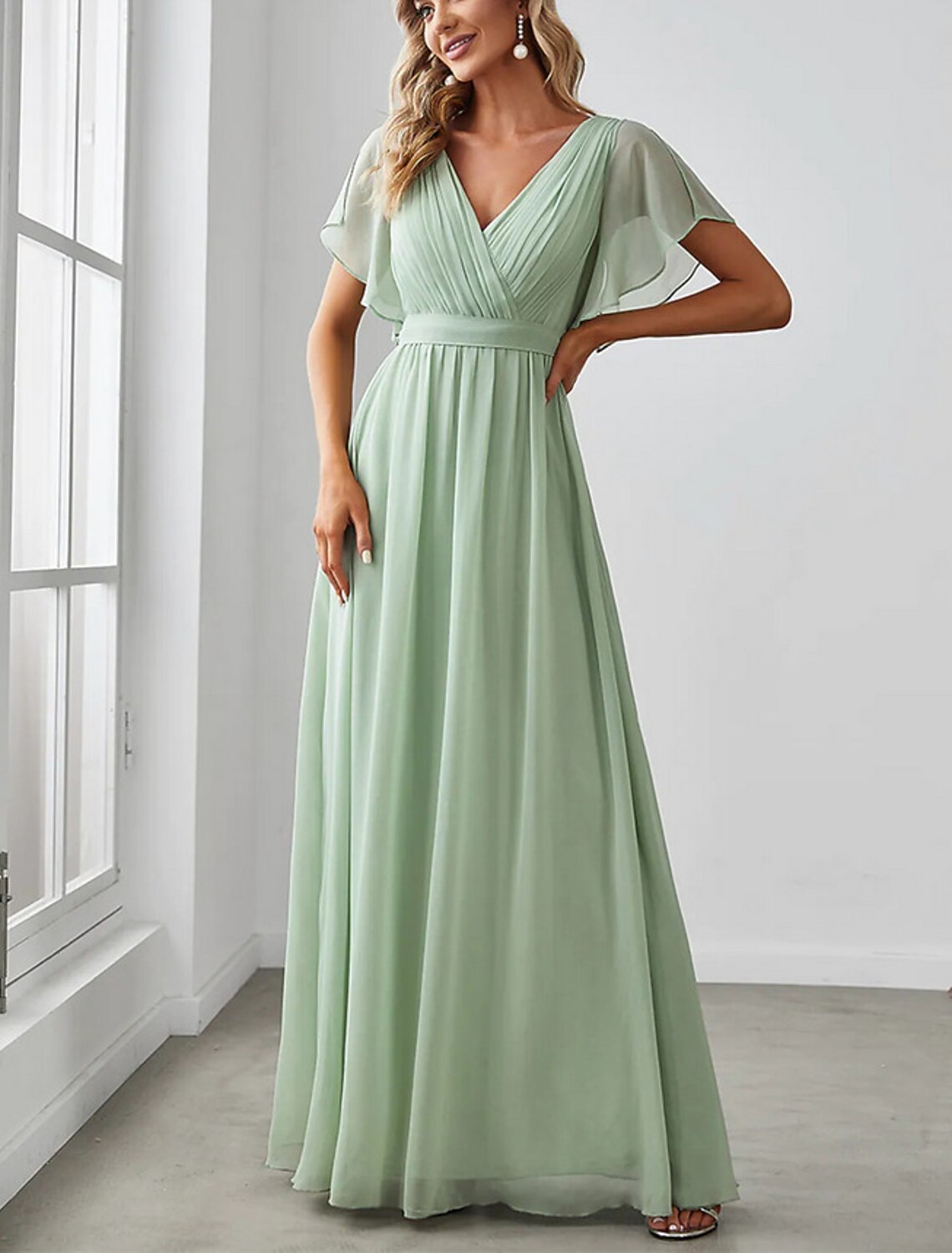 A-Line V-Neck Chiffon Short Sleeve Ruffled Floor-Length Wedding Dress - Chloe Dress