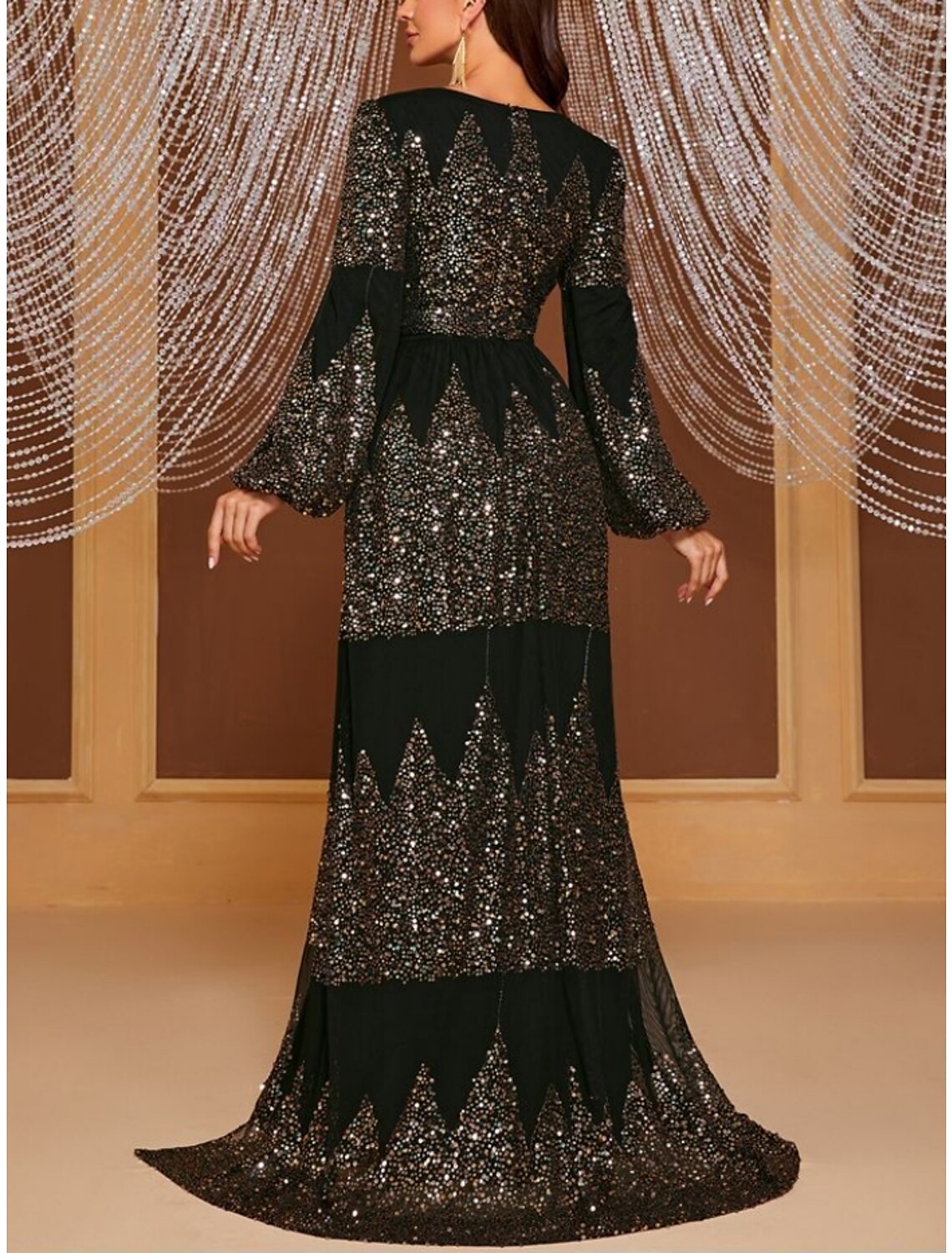 Sheath V-Neck Sequin Long Sleeve High Slit Evening Gown - Chloe Dress
