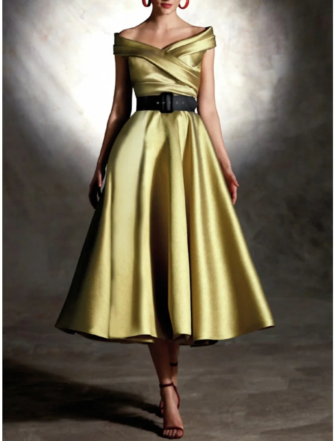A-Line Off-Shoulder Satin Sleeveless Pleated Tea-Length Cocktail Dress - Chloe Dress