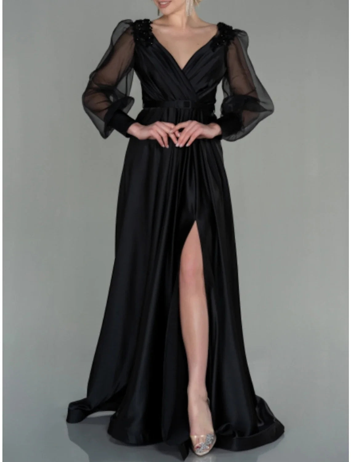 A-Line V-Neck Satin Long Sleeve High Slit Floor-Length Evening Gown - Chloe Dress
