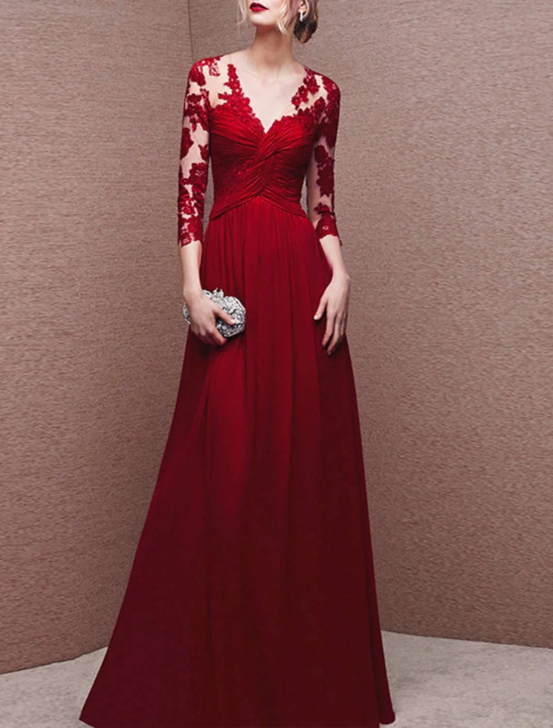A-Line V-Neck Chiffon Three-Quarter Sleeve Button Back Applique Floor-Length Evening Gown - Chloe Dress