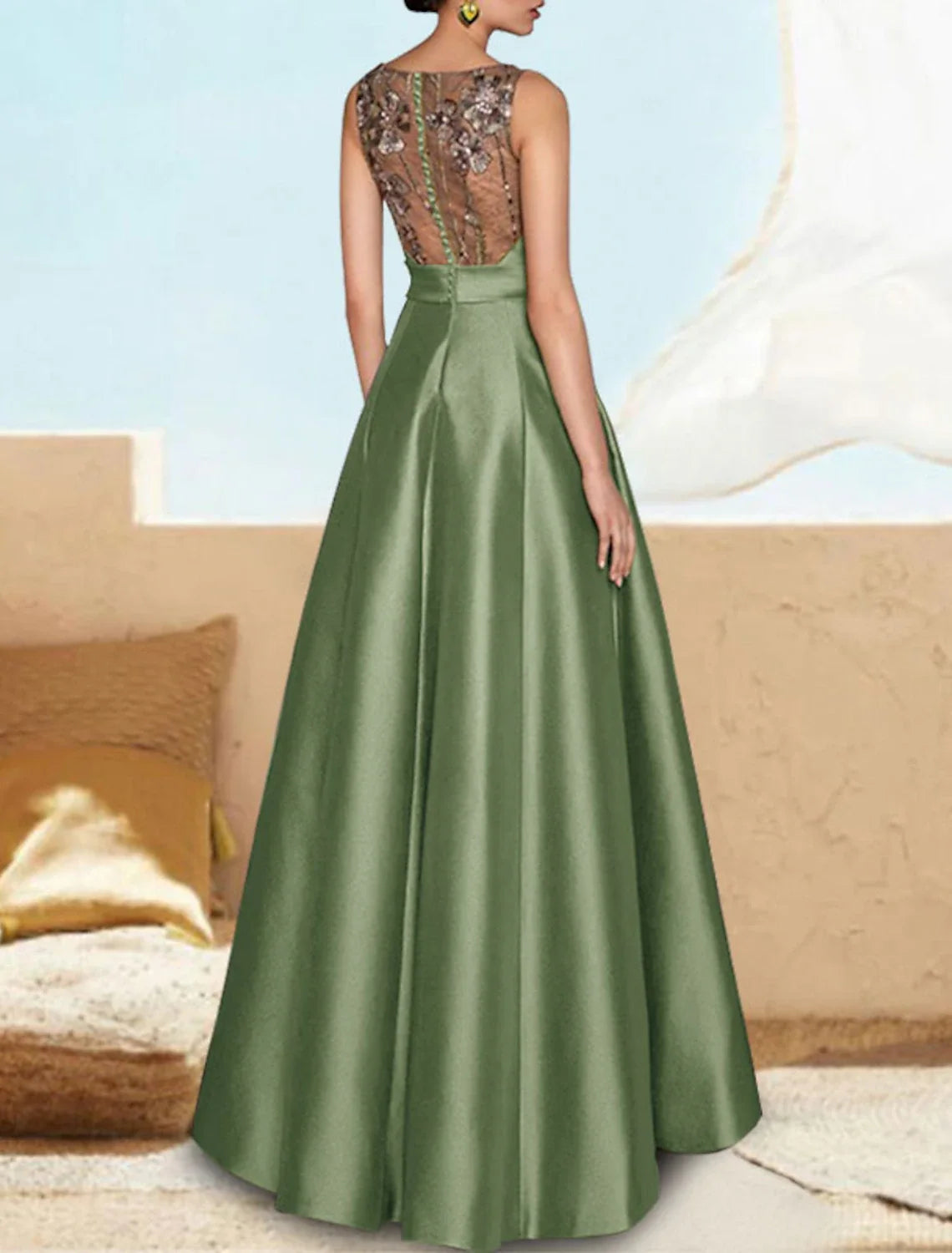 A-Line V-Neck Satin Sleeveless Pleated Floor-Length Evening Gown - Chloe Dress