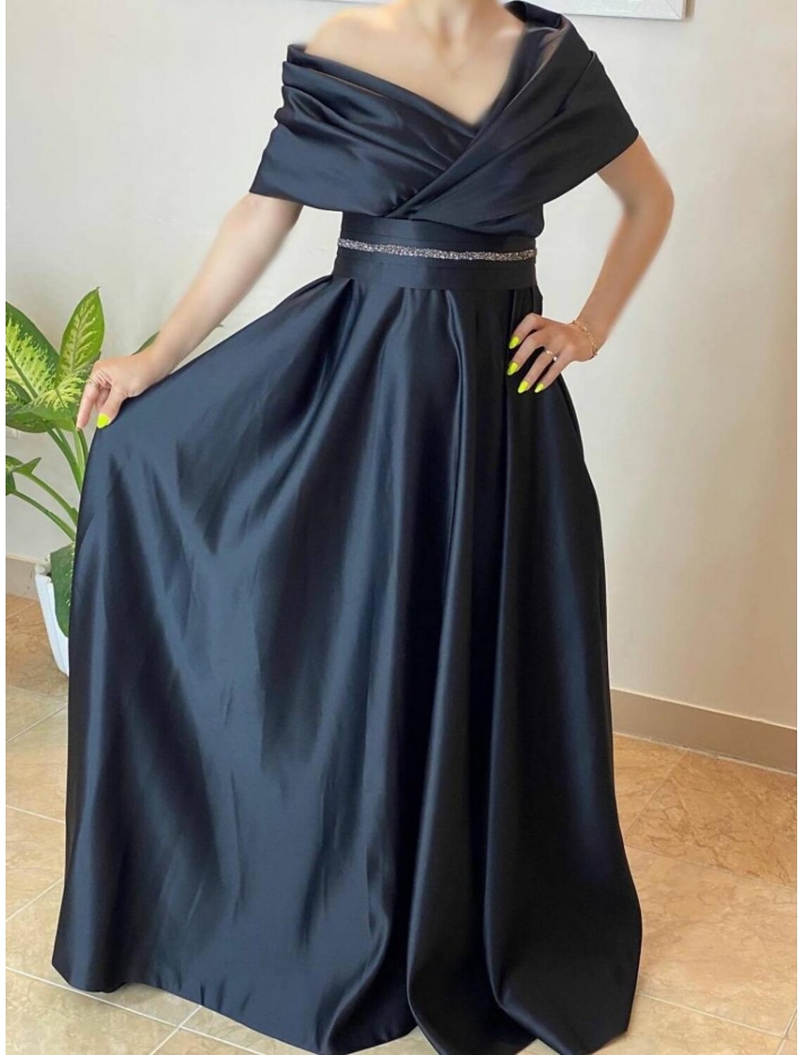 Green A-Line Off-Shoulder Satin Short Sleeve Pleated Mini Evening Gown - Chloe Dress