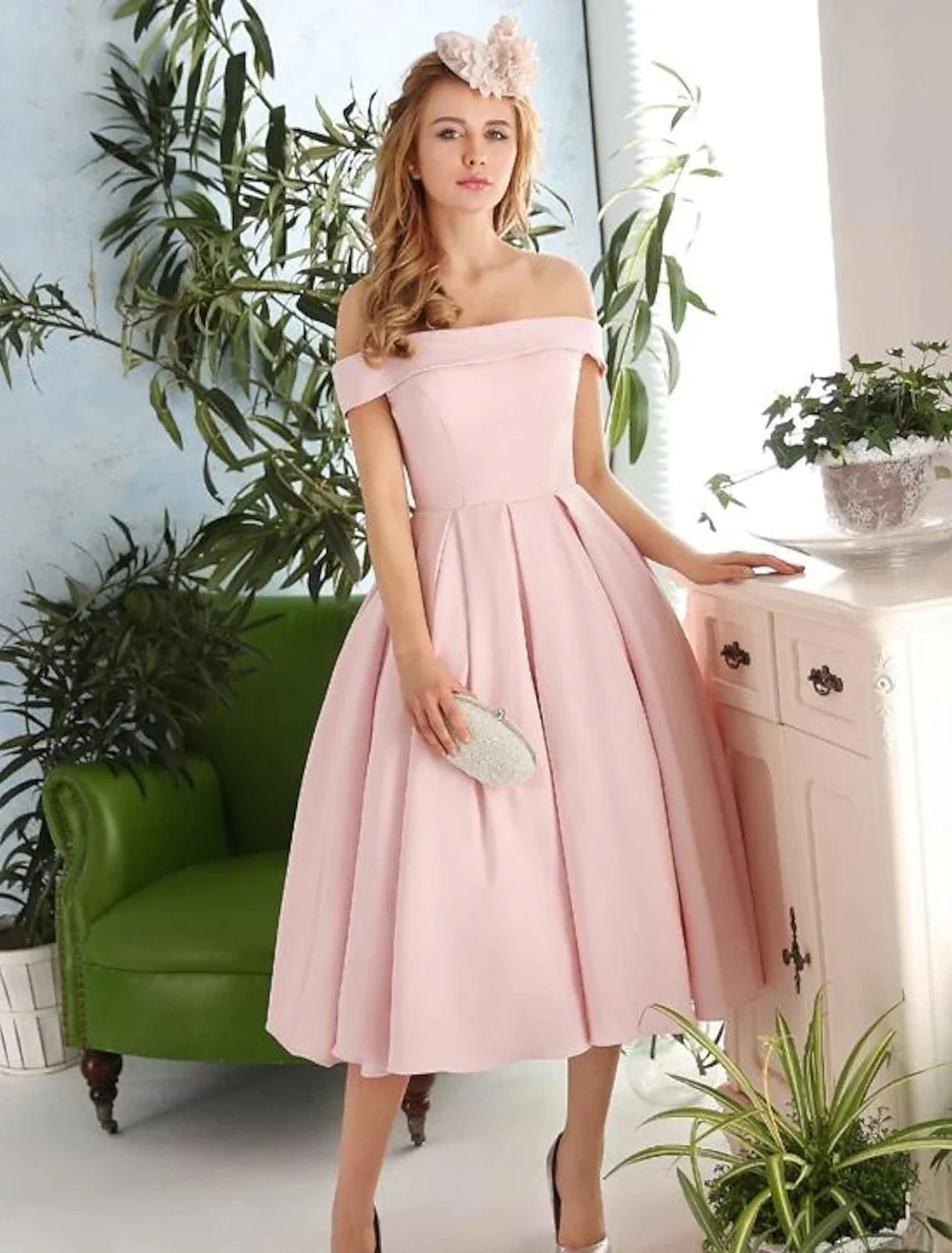 A-Line Off-Shoulder Sleeveless Pleated Tea-Length Cocktail Dress - Chloe Dress