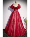 Wine Princess Square Neck Sequin Short Sleeve Backless Floor-Length Evening Dress - Chloe Dress