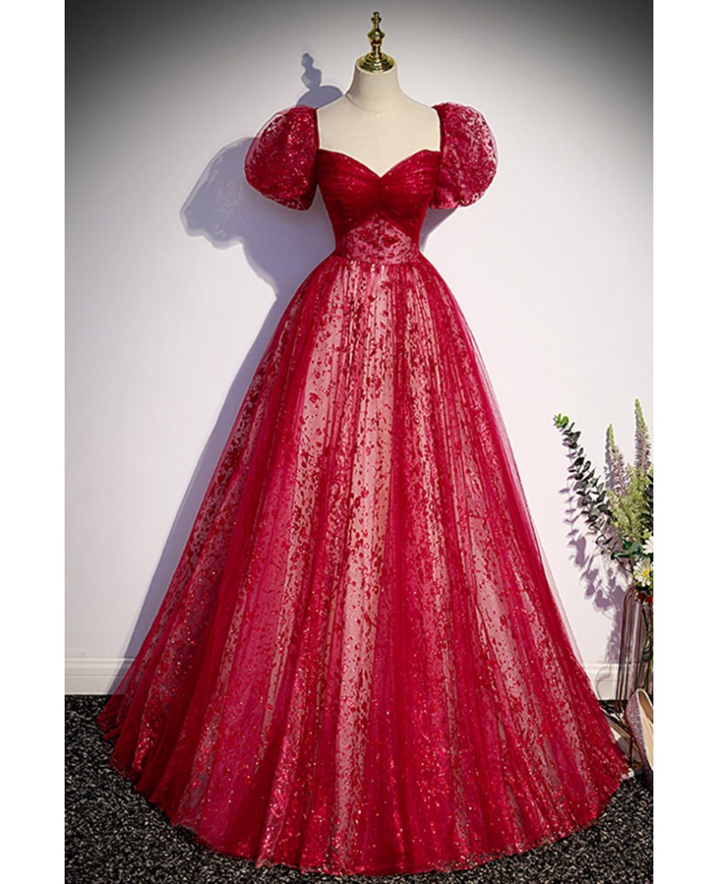 Wine Princess Square Neck Sequin Short Sleeve Backless Floor-Length Evening Dress - Chloe Dress