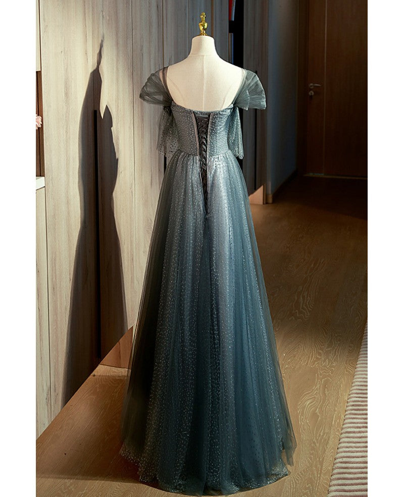 Blue A-Line Off-Shoulder Sequin Short Sleeve Floor-Length Prom Dress - Chloe Dress