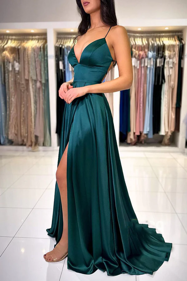 Green V-Neck Satin High Slit Evening Dress - Chloe Dress