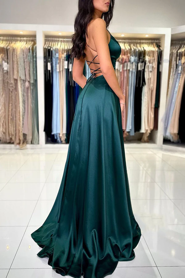 Green V-Neck Satin High Slit Evening Dress - Chloe Dress
