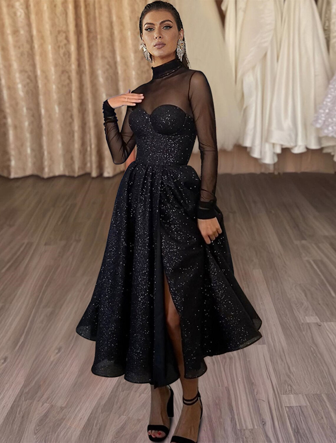 A-Line High Neck Tulle Long Sleeve High Slit Tea-Length Wedding Dress - Chloe Dress