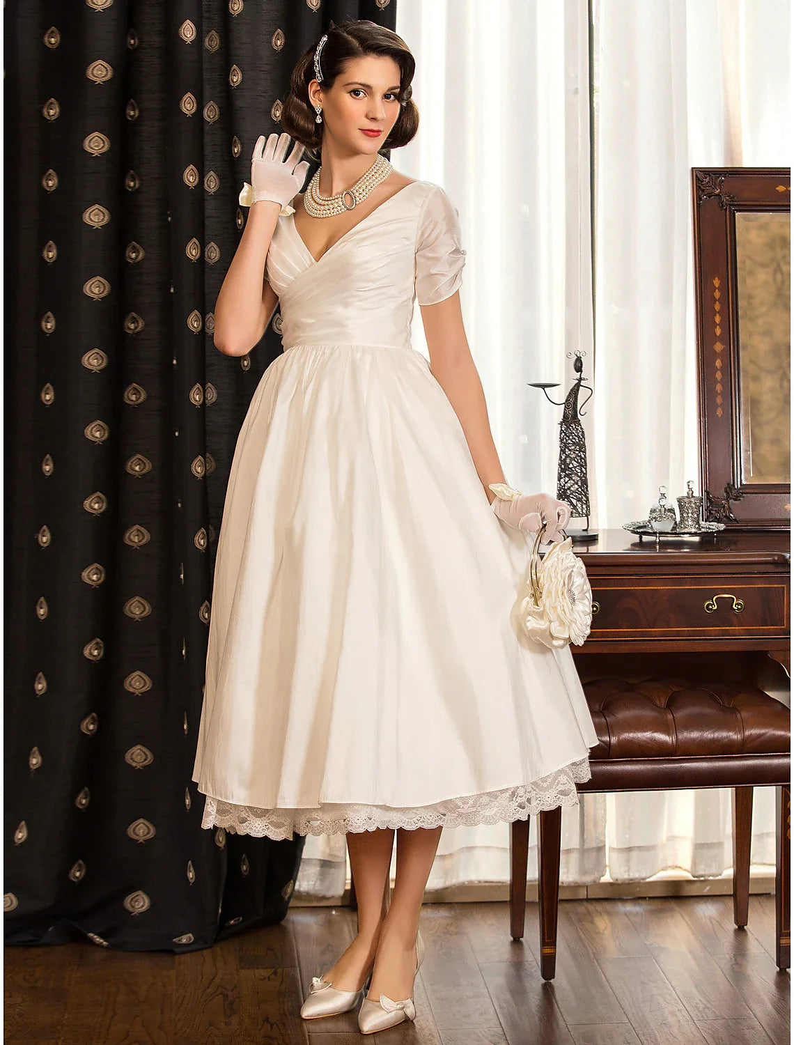 White A-Line V-Neck Satin Short Sleeve Mini Wedding Gown - Chloe Dress