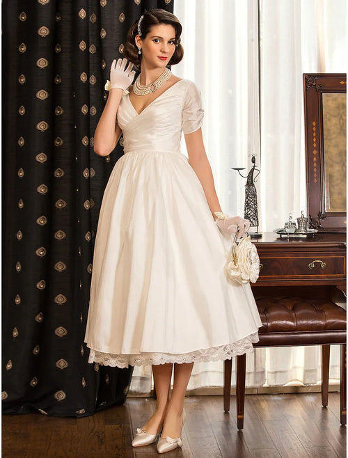 White A-Line V-Neck Satin Short Sleeve Mini Wedding Gown - Chloe Dress