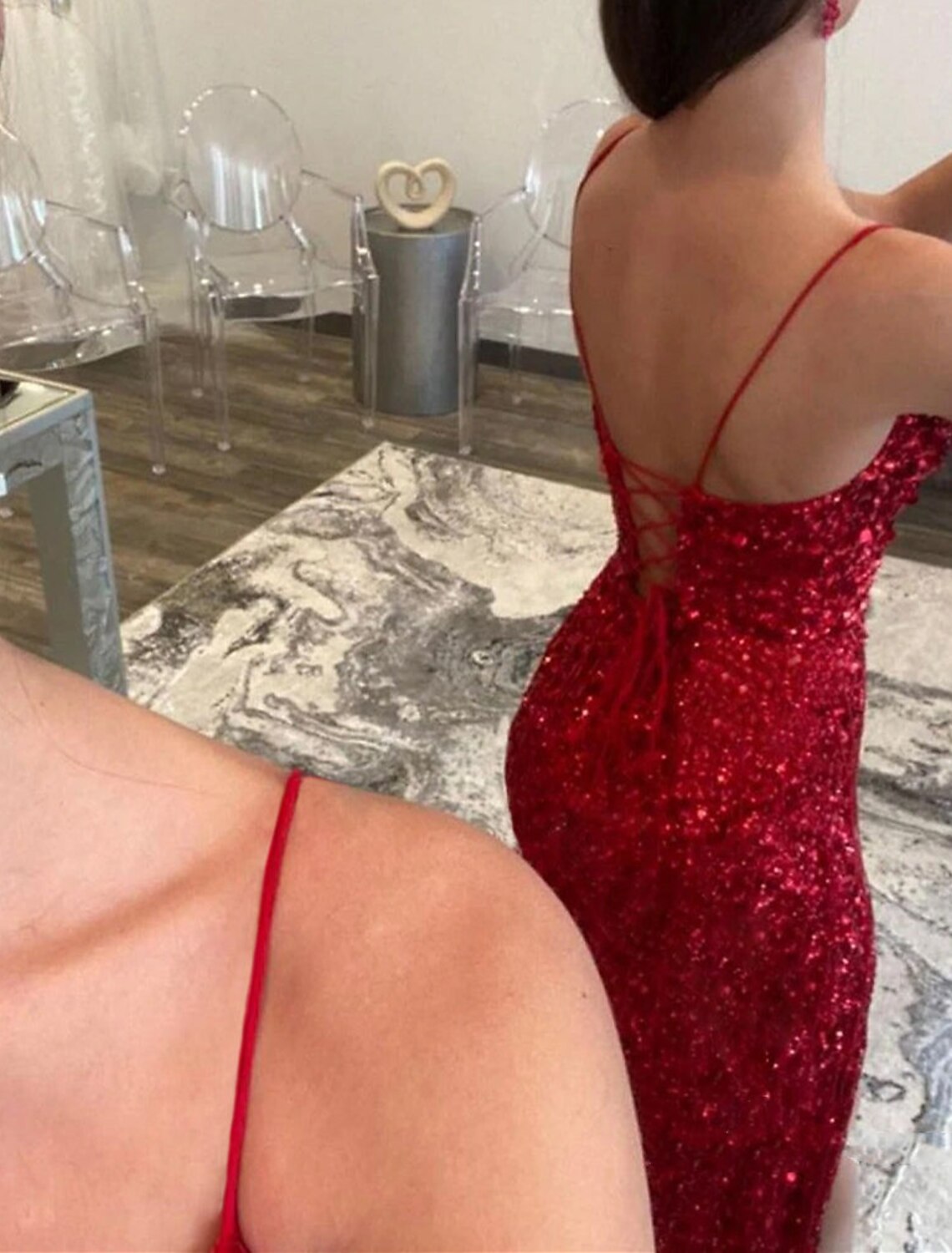Mermaid Spaghetti Strap Sequin Sleeveless High Slit Prom Dress - Chloe Dress