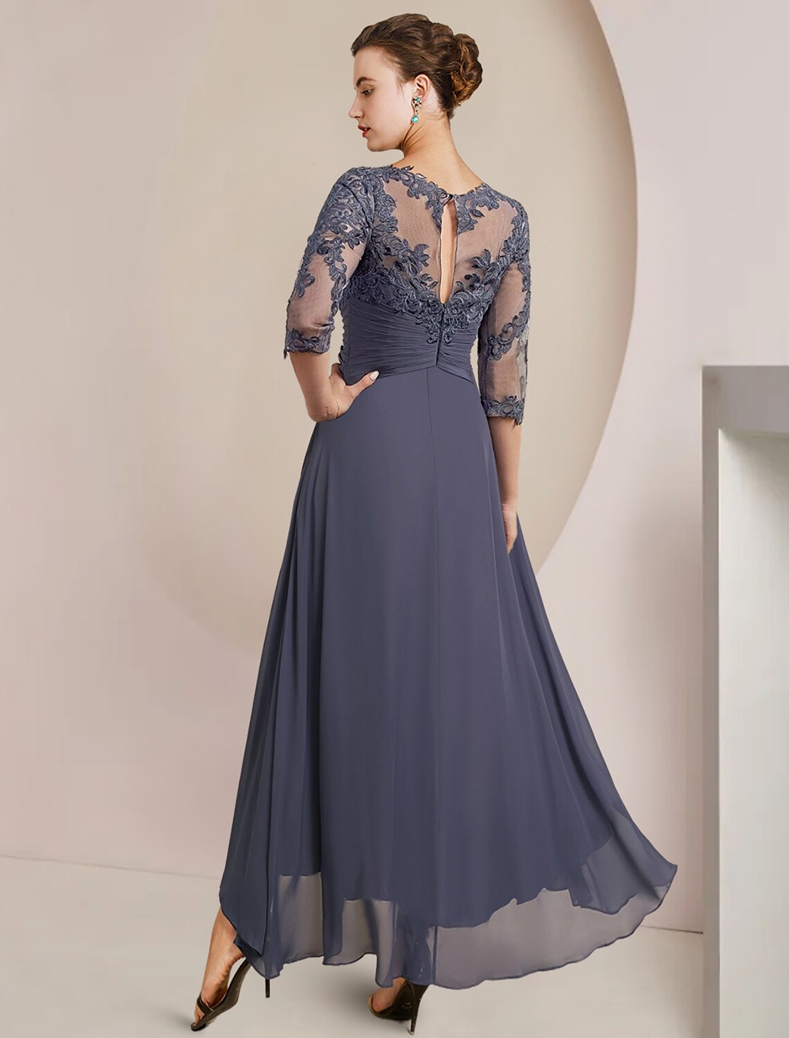 A-Line High Neck Chiffon Three-Quarter Sleeve Pleated Tea-Length Wedding Dress - Chloe Dress