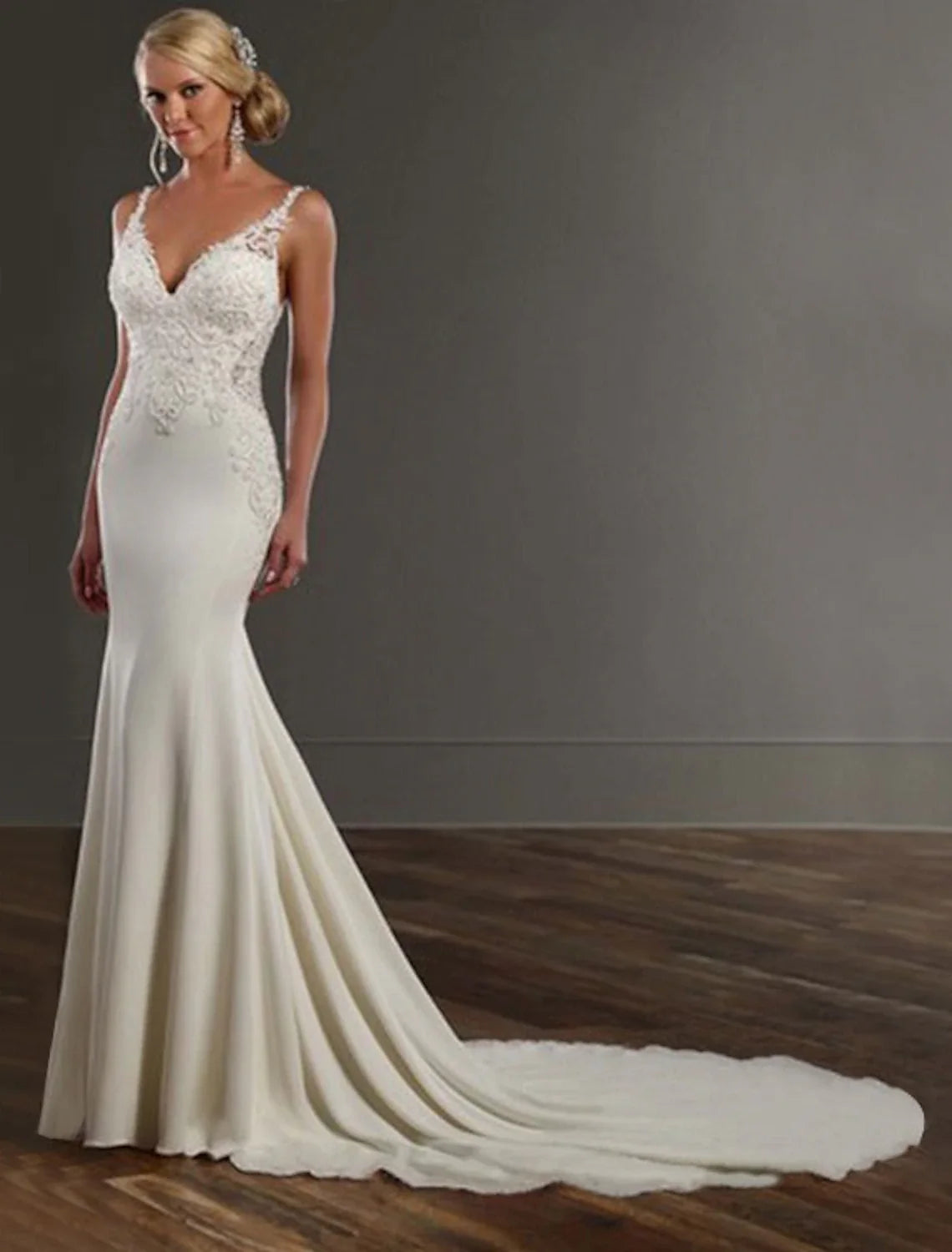 Mermaid V-Neck Lace Sleeveless Open Back Train Wedding Gown - Chloe Dress