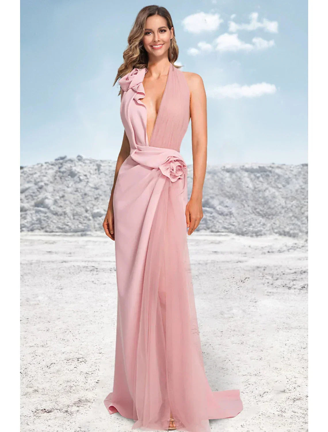Mermaid Halter Satin Sleeveless Train Evening Gown - Chloe Dress
