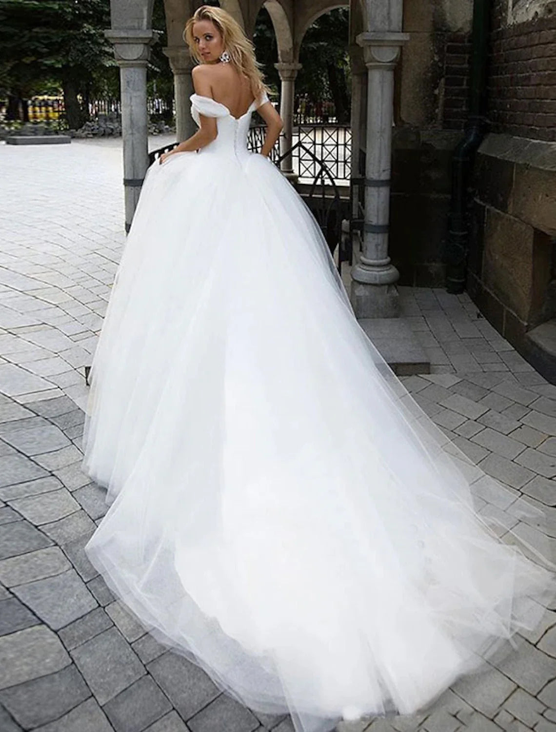 Ball Gown Off-Shoulder Tulle Cap Sleeve Train Wedding Gown - Chloe Dress