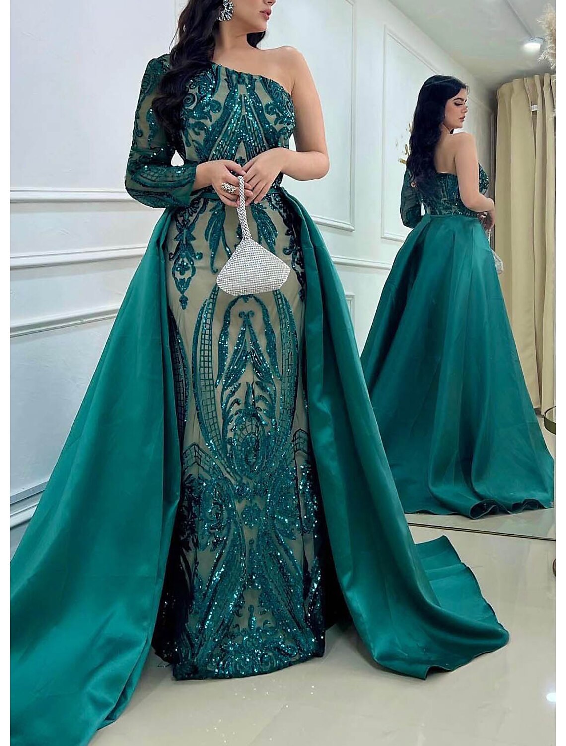 Mermaid One-Shoulder Satin Long Sleeve Train Evening Gown - Chloe Dress