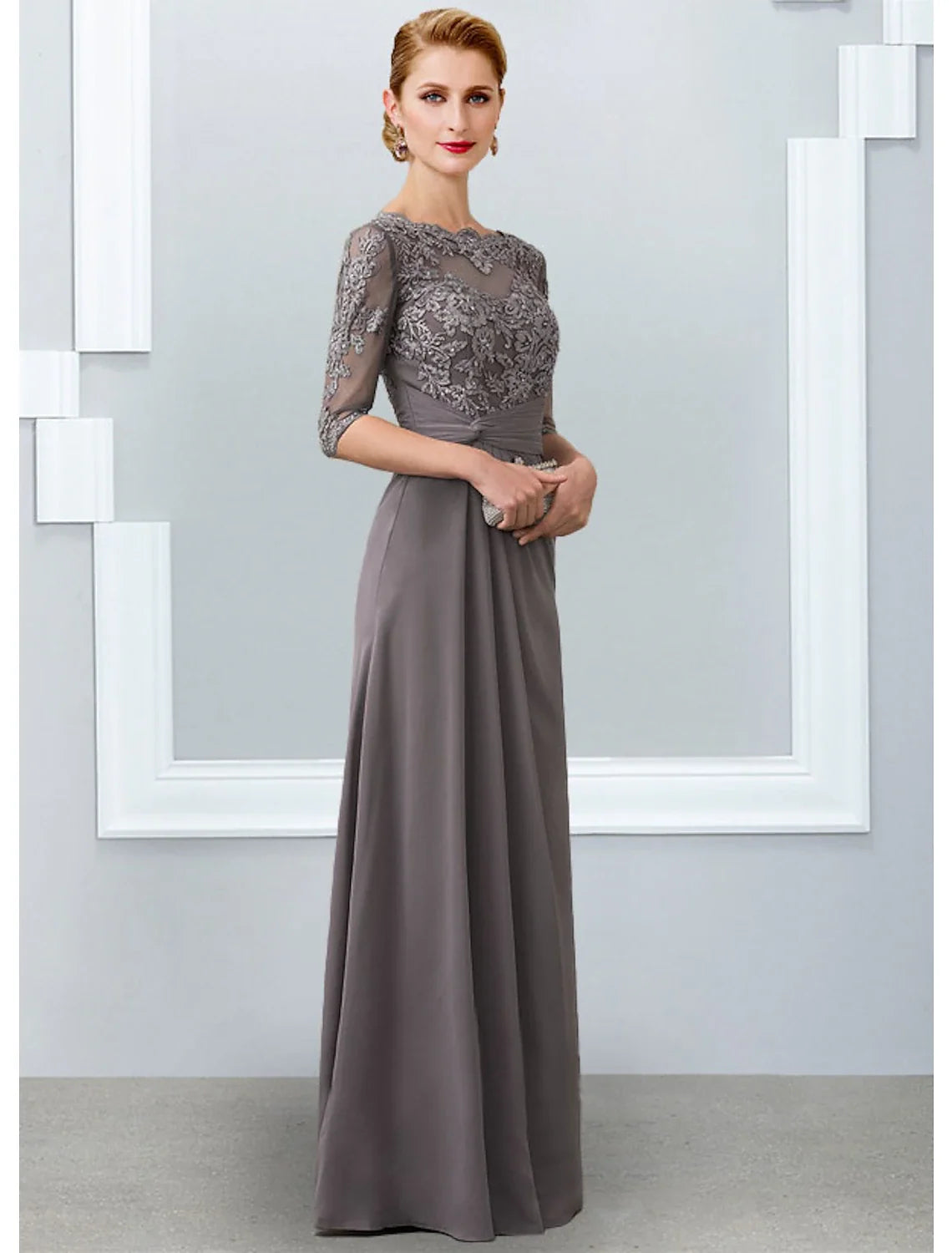 Sheath Chiffon Three-Quarter Sleeve Applique Floor-Length Dress - Chloe Dress