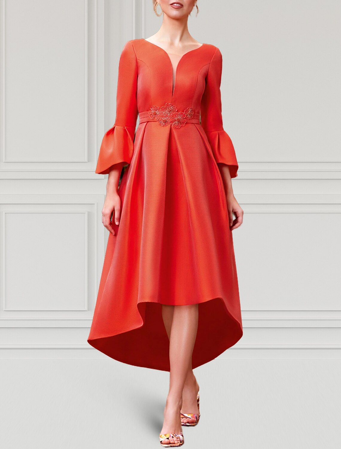 A-Line V-Neck Satin Three-Quarter Sleeve Pleated Wedding Dress - Chloe Dress