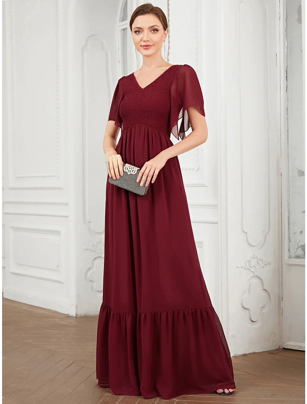 A-Line V-Neck Chiffon Short Sleeve Pleated Floor-Length Prom Dress - Chloe Dress