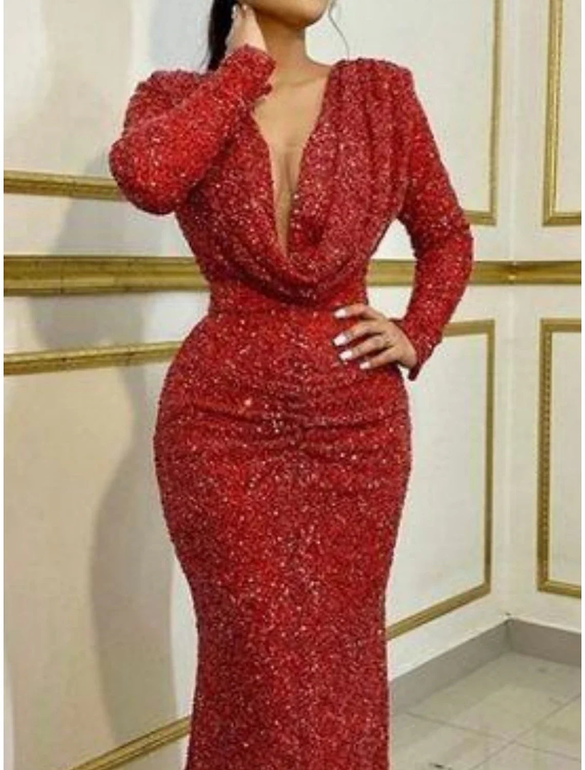 Green Mermaid V-Neck Sequin Long Sleeve Pleated Evening Gown - Chloe Dress