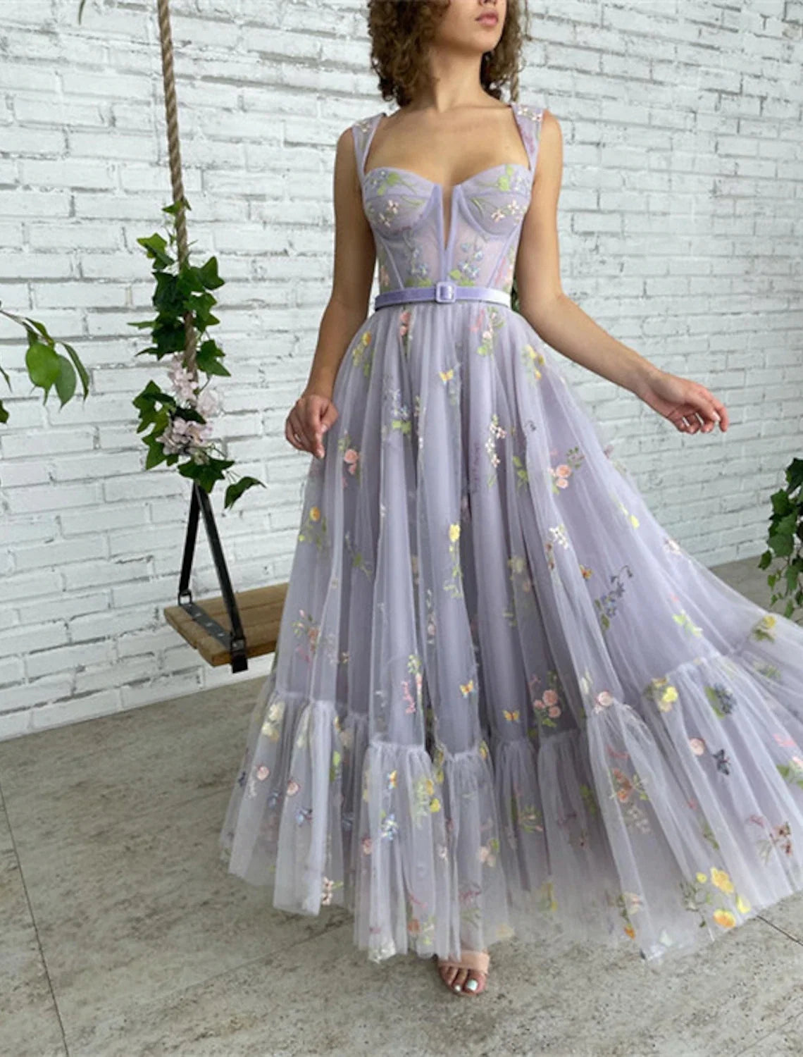 A-Line Square Neck Lace Short Sleeve Pleated Floor-Length Evening Dress - Chloe Dress