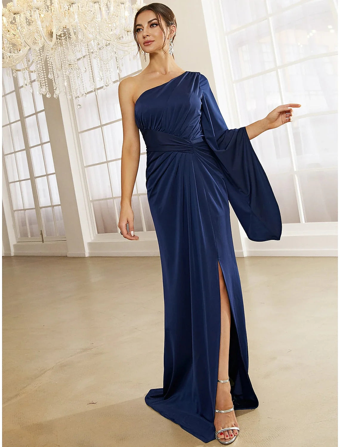 A-Line One-Shoulder Long Sleeve High Slit Evening Gown - Chloe Dress