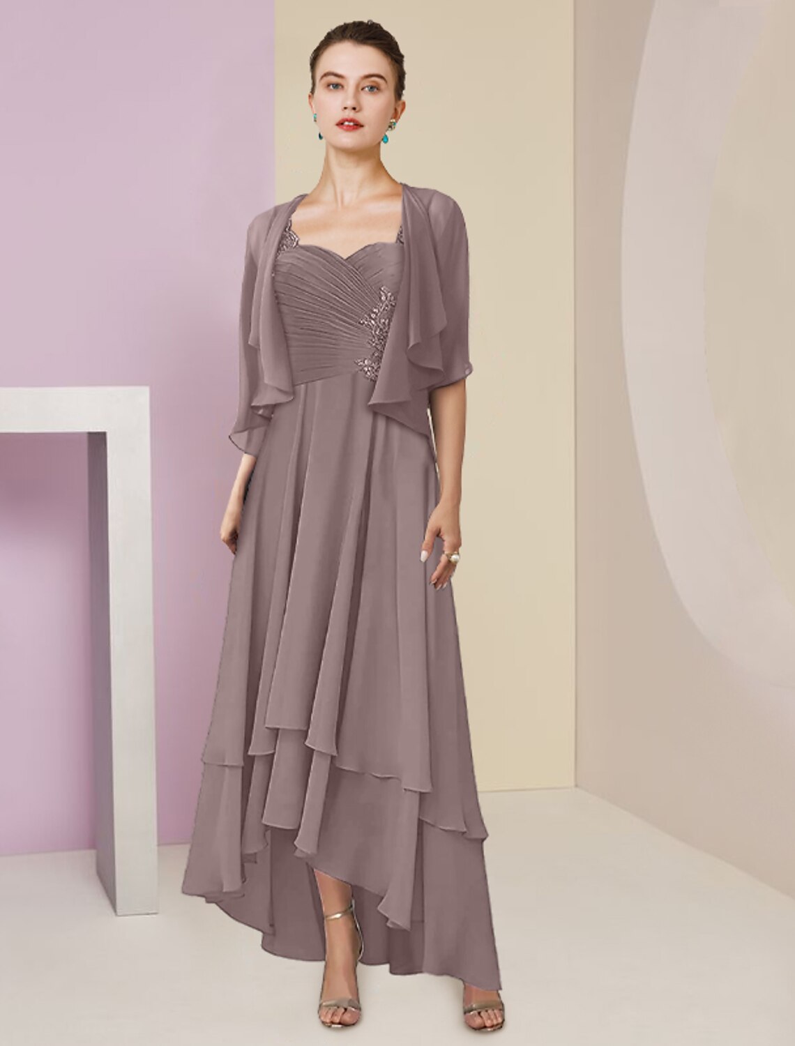 A-Line Square Neck Chiffon Three-Quarter Sleeve Wrap Tea-Length Wedding Dress - Chloe Dress