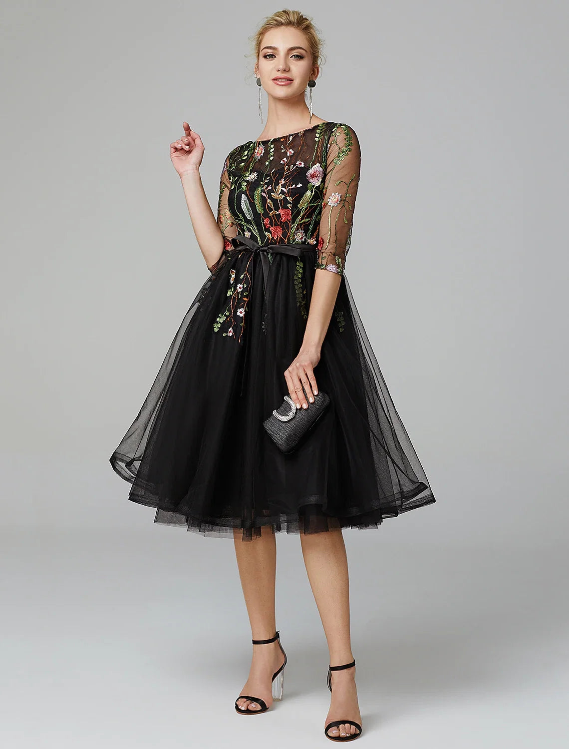 Black A-Line Illusion Tulle Long Sleeve Applique Knee-Length Wedding Dress - Chloe Dress