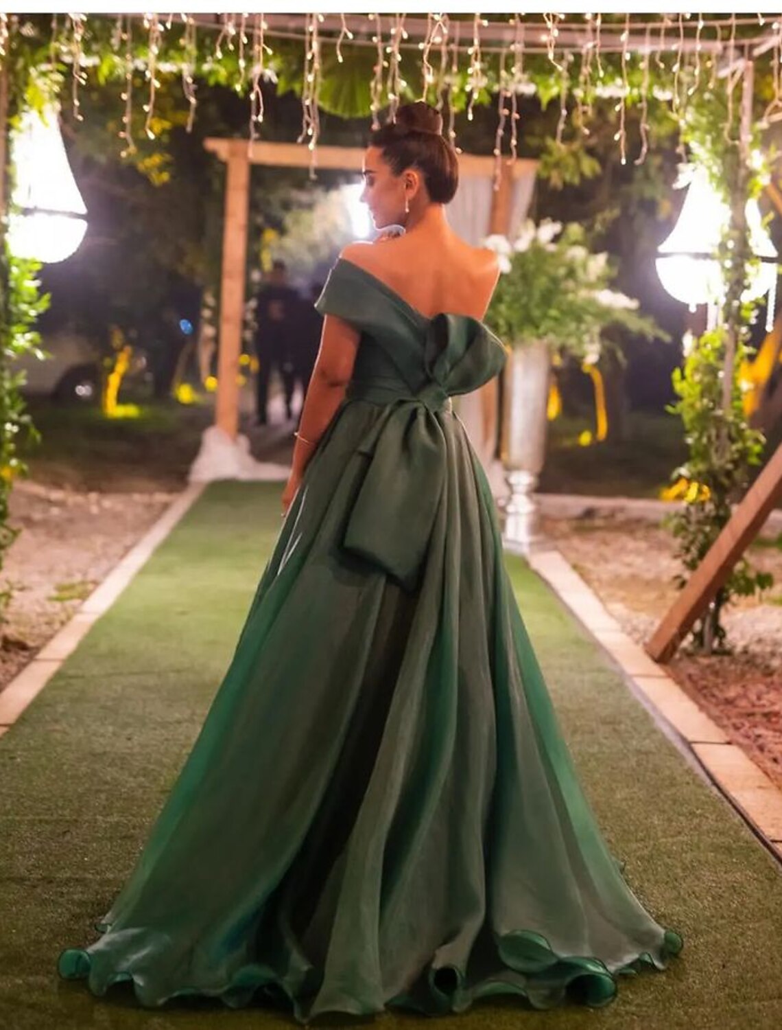 Green A-Line One-Shoulder Organza Short Sleeve High Slit Mini Evening Gown - Chloe Dress