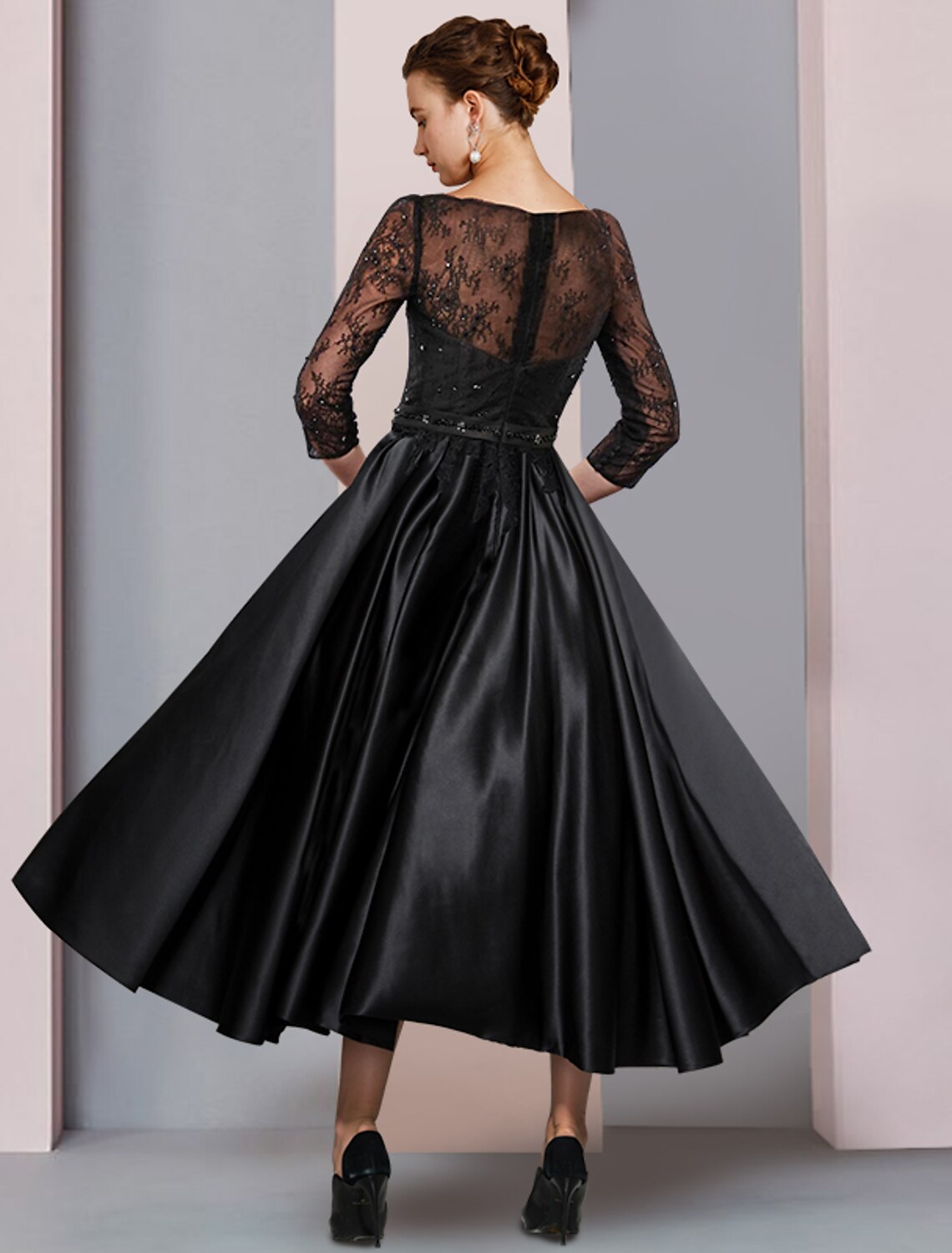 A-Line Satin Three-Quarter Sleeve Pleated Tea-Length Wedding Dress - Chloe Dress